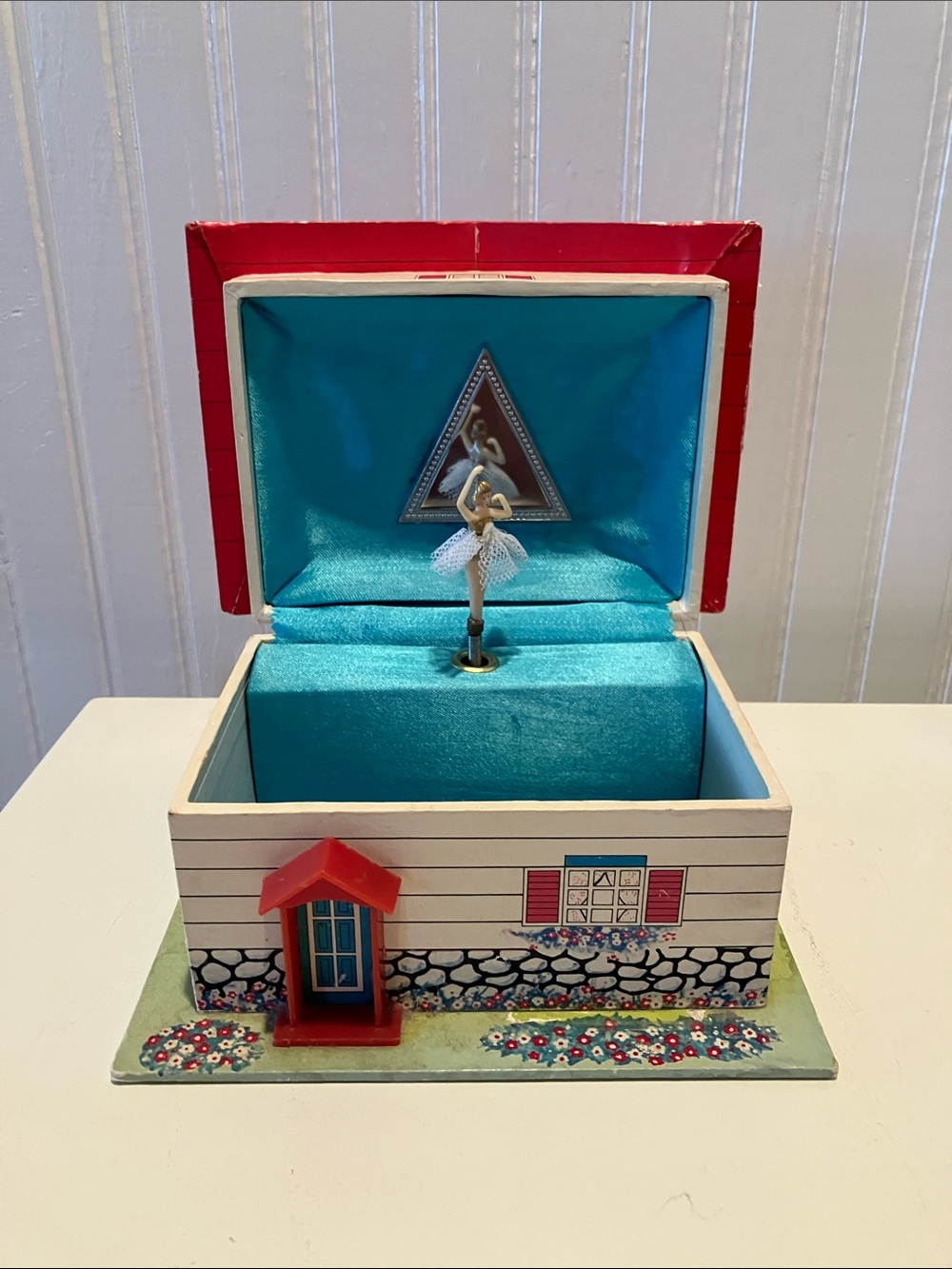 MCM Vintage House Shaped Music Box With Spring Ballerina
